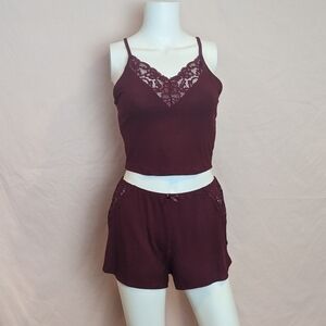 Fashion Nova Wine Red Lacy Cropped Bedroom Cuddle PJ Set in Size Large